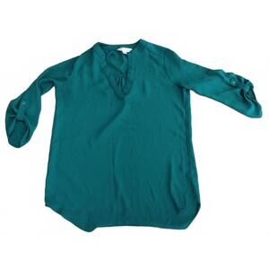 Decree Teal Long Sleeve V-Neck Blouse w Buttoned Sleeve XS